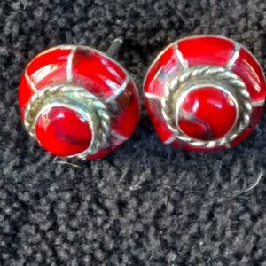 FM sterling & red coral native american earrings